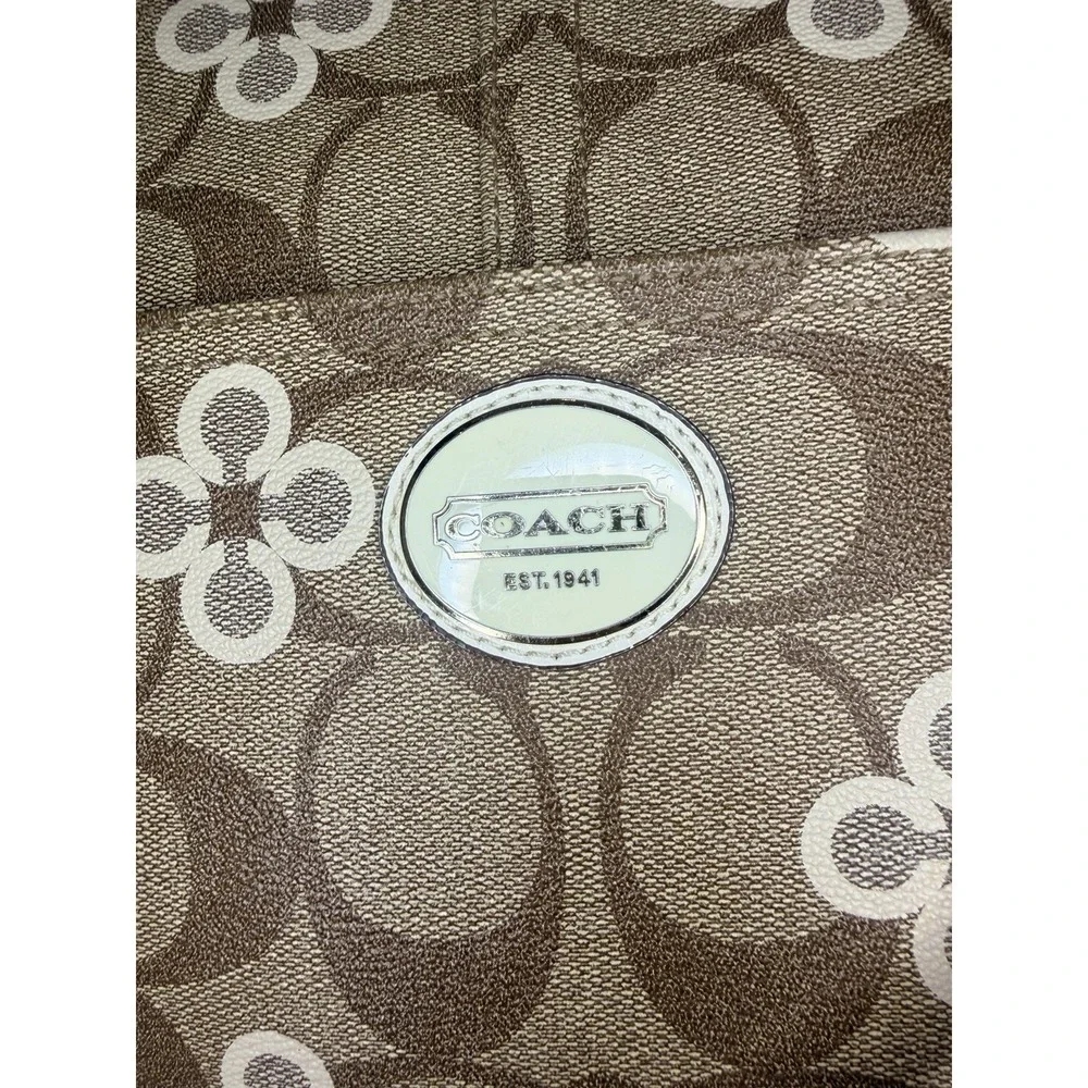 Coach Signature Floral Clover Tote Bag Khaki Ivory Canvas Leather Trim